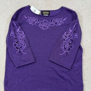 NWT Bob Mackie Metallic Tunic Sweater Women's L Purple Cutout Floral Embroidery